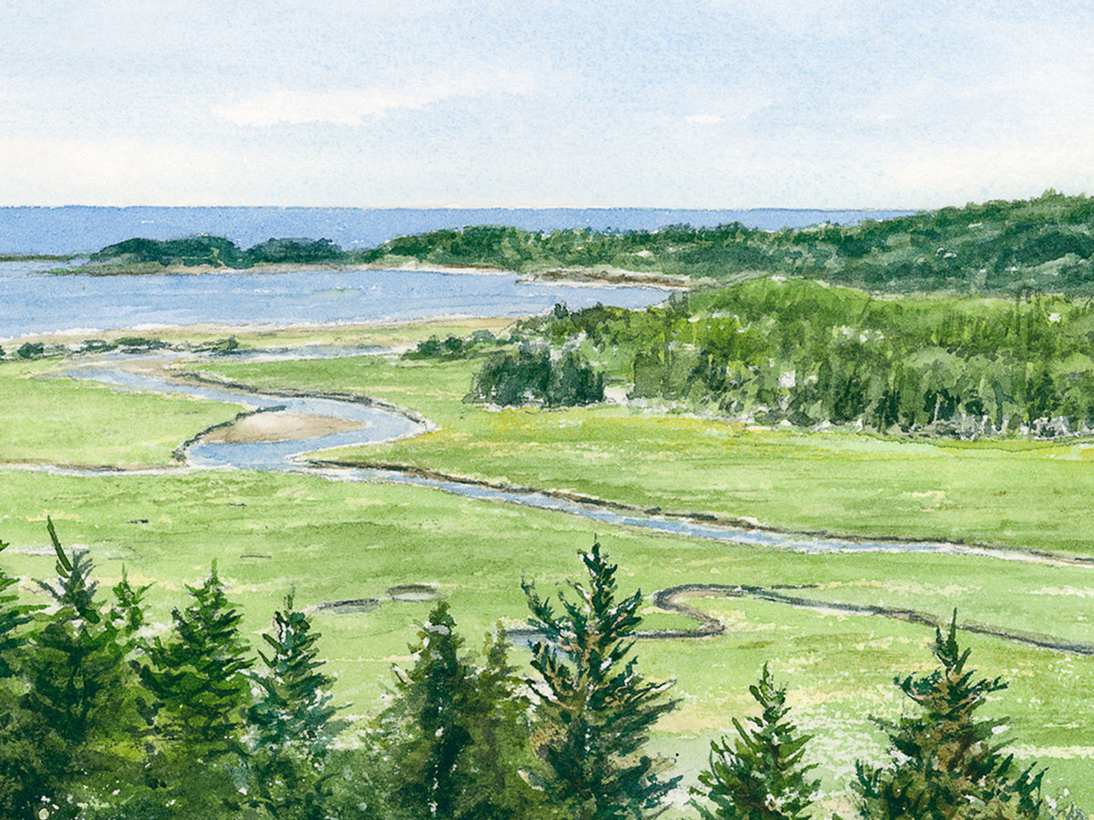Close-up detail of original watercolor painting of Morse Mountain View, showing salt marsh and treeline below the summit.