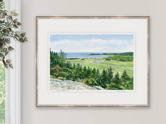 Framed watercolor print of Morse Mountain View, Bates-Morse Mountain Conservation Area, in a light gold frame with natural window light and hanging plant.