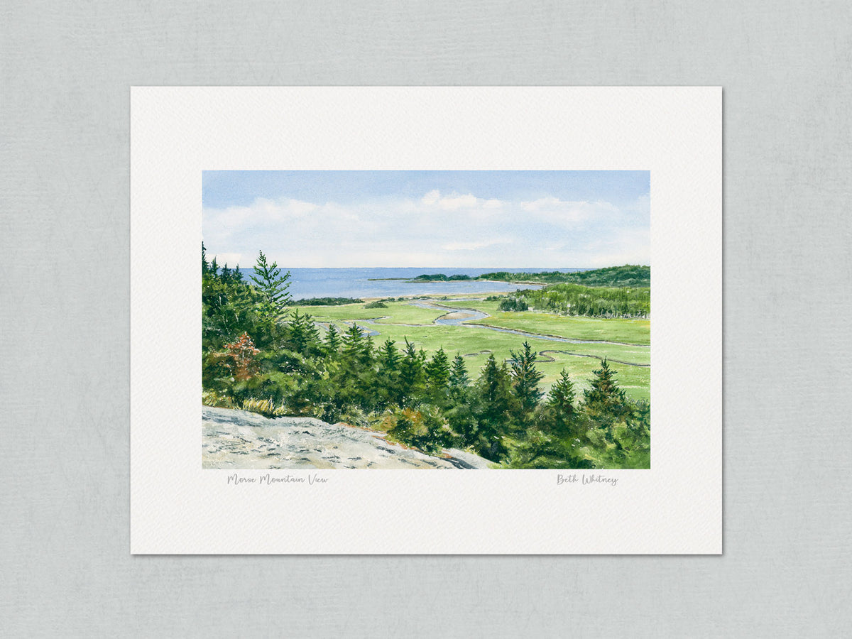 Unmatted archival watercolor print of Morse Mountain View, Phippsburg, Maine with Beth Whitney's signature and the painting title, on gray background.