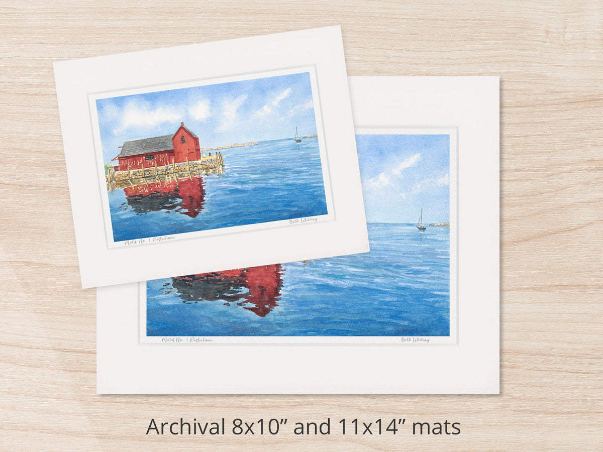 Archival watercolor prints of Motif No. 1 Reflections, Rockport, Massachusetts, shown in 8x10 and 11x14 mat sizes.