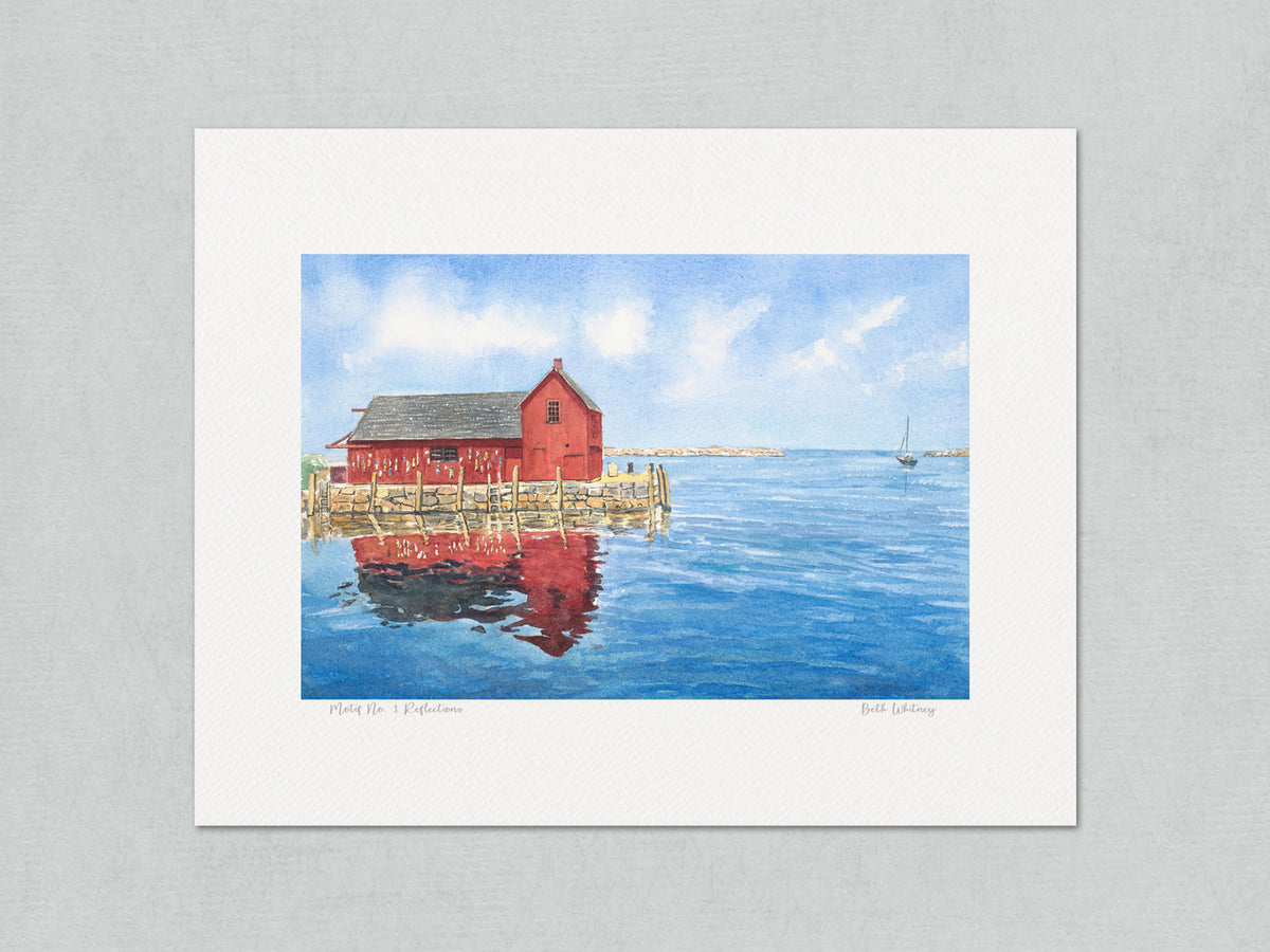Unmatted archival watercolor print of Motif No. 1 Reflections, Rockport, Massachusetts with Beth Whitney's hand-written signature and painting title, on gray background.