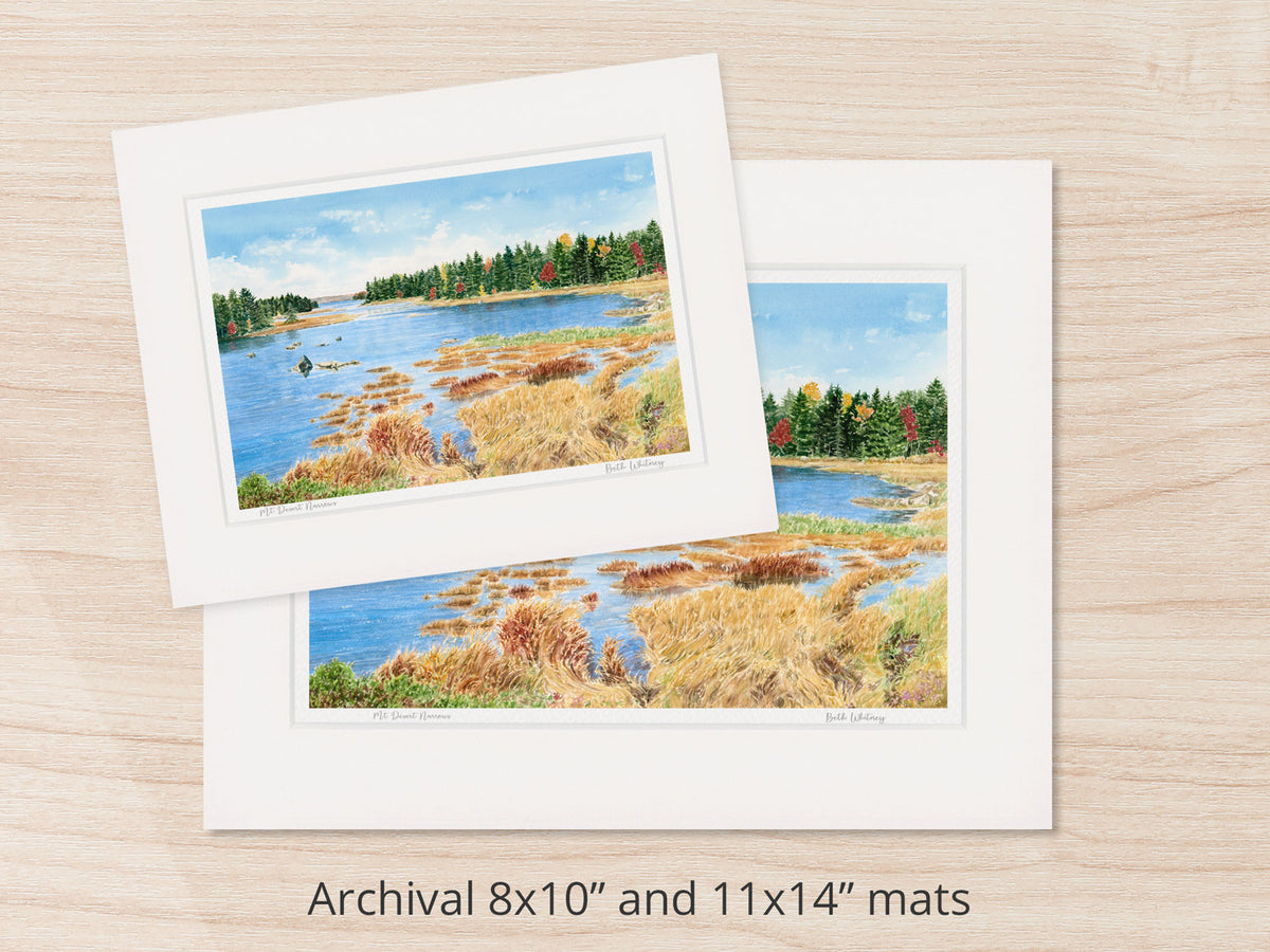 Archival watercolor prints of Mt Desert Narrows, Mount Desert Island, Maine, shown in 8x10 and 11x14 mat sizes.