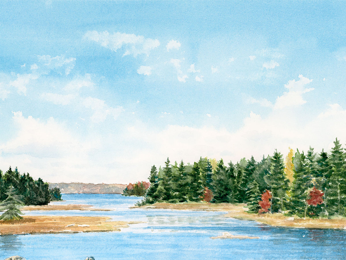 Close-up detail of original watercolor painting of Mt Desert Narrows, showing soft brushwork in the sky and layers of detail in the trees along the shore.