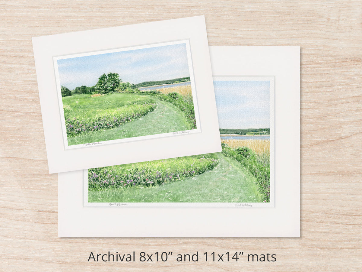 Archival watercolor prints of North Meadow, Gilsland Farm, Falmouth, Maine, shown in 8x10 and 11x14 mat sizes.