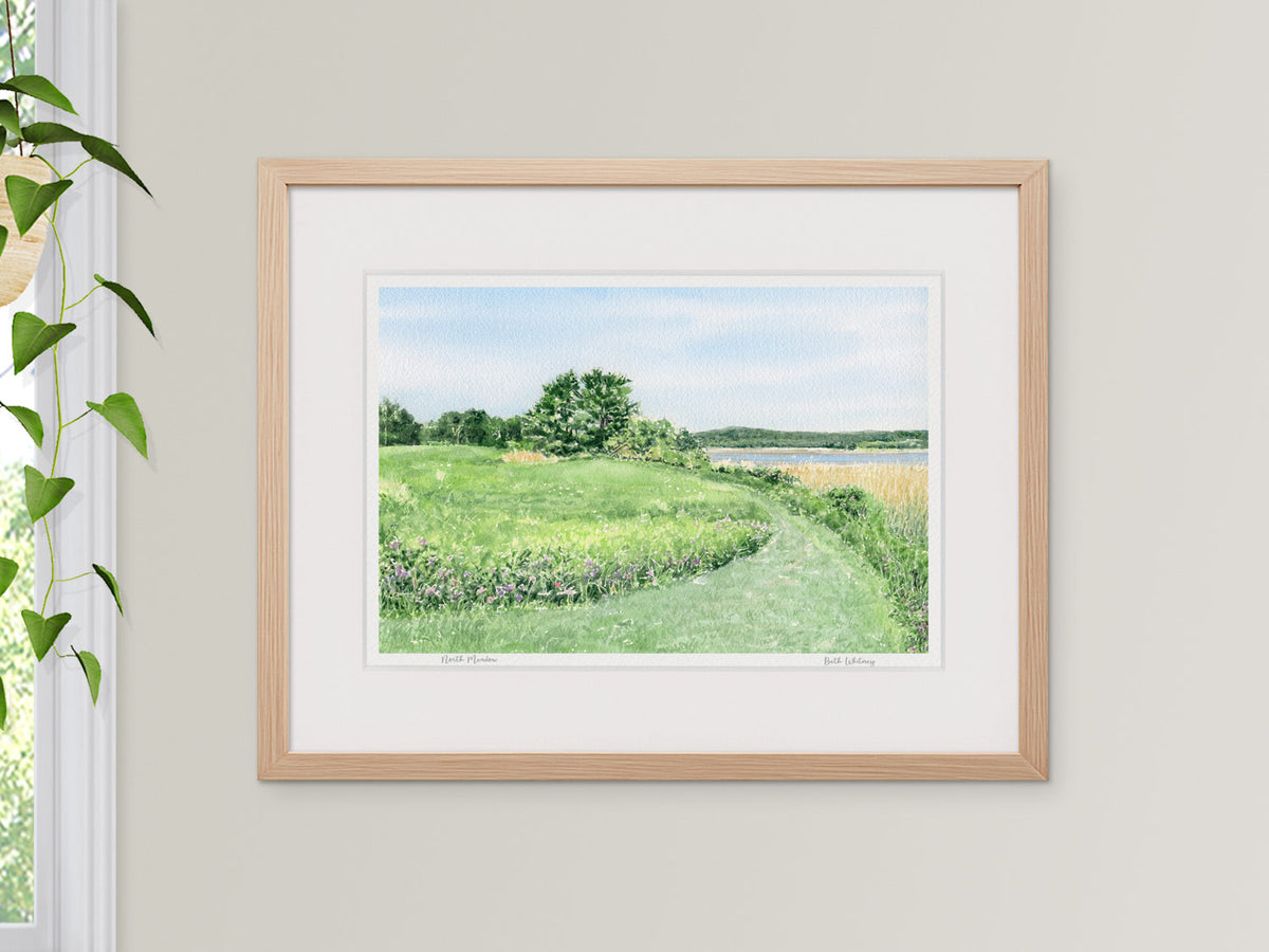 Framed watercolor print of North Meadow, Maine Audubon, Falmouth, in a warm wood frame beside a window with a hanging plant.