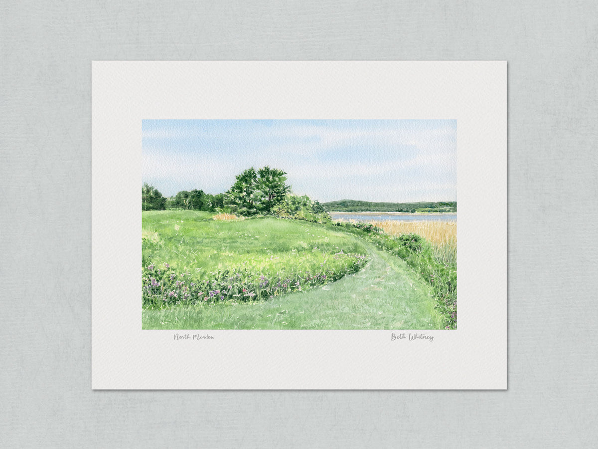 Unmatted, signed archival watercolor print of North Meadow at Maine Audubon's headquarters in Falmouth, on gray background.