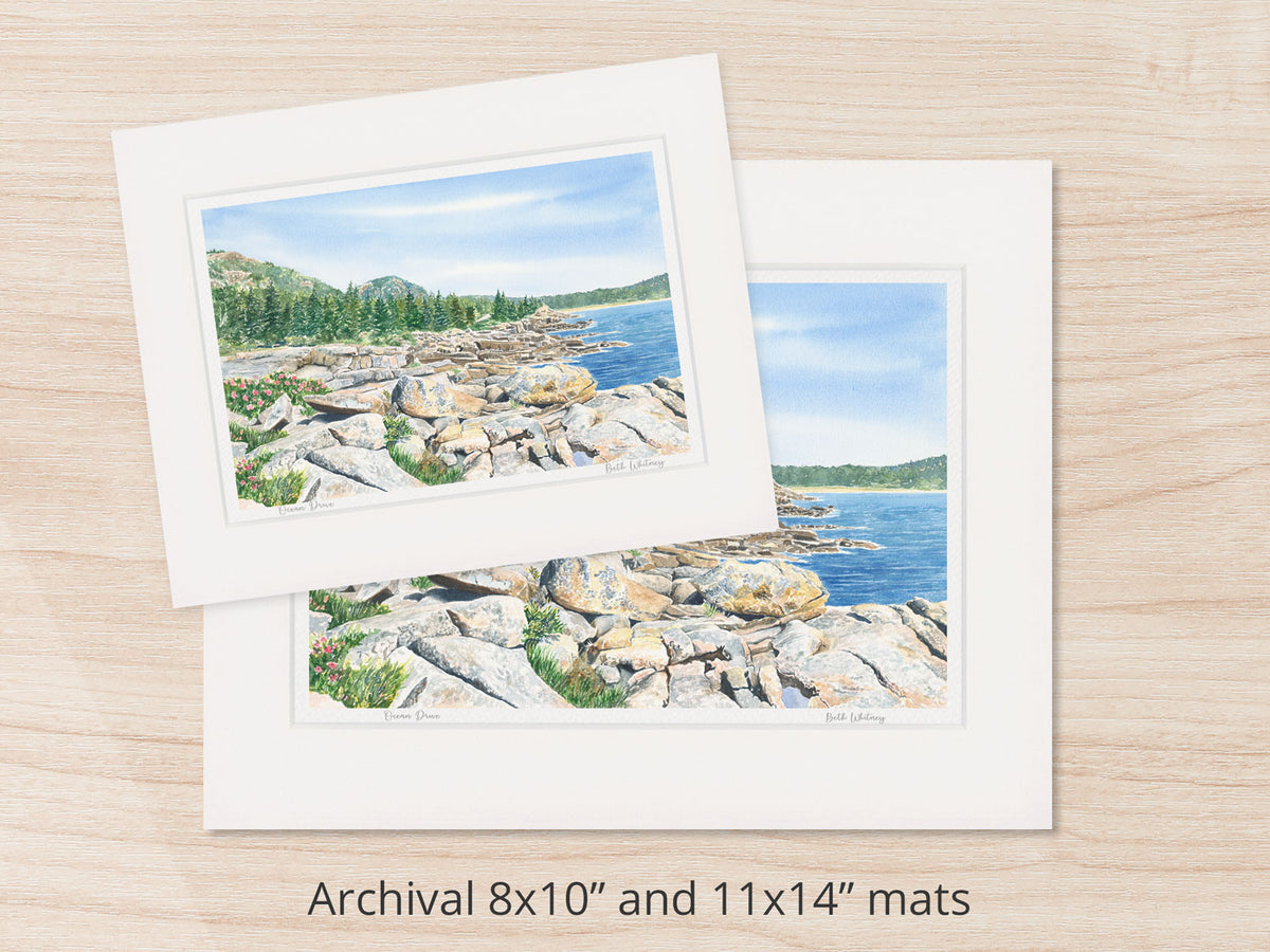 Archival watercolor prints of Ocean Drive, Acadia National Park, Maine, shown in 8x10 and 11x14 mat sizes.
