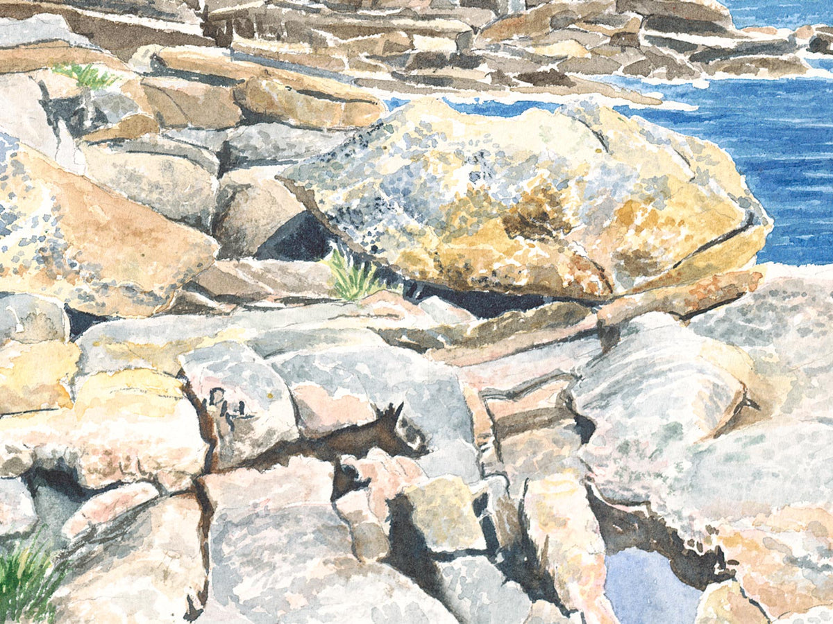 Close-up detail of original watercolor painting of Ocean Drive, showing brushstrokes on the pink and gray granite rocks.