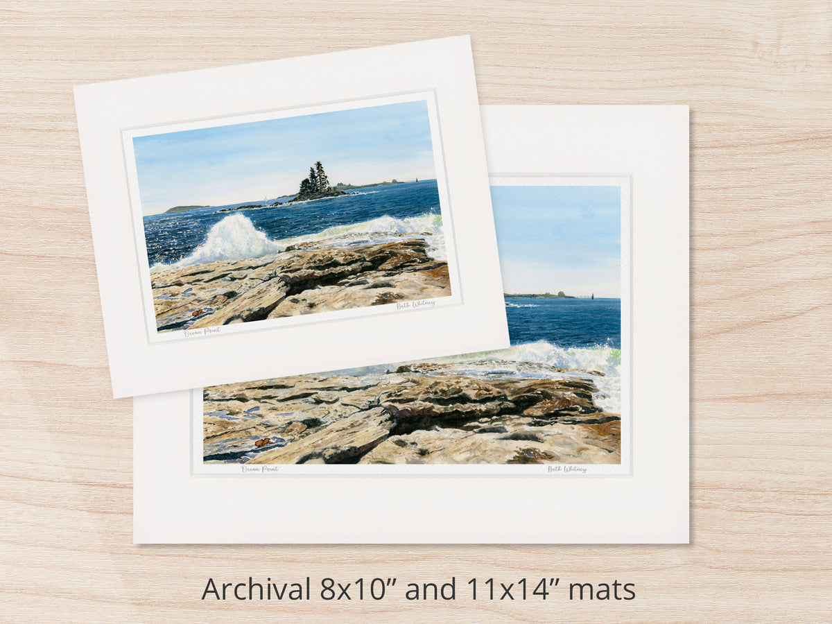 Archival watercolor prints of Ocean Point, East Boothbay, Maine, shown in 8x10 and 11x14 mat sizes.