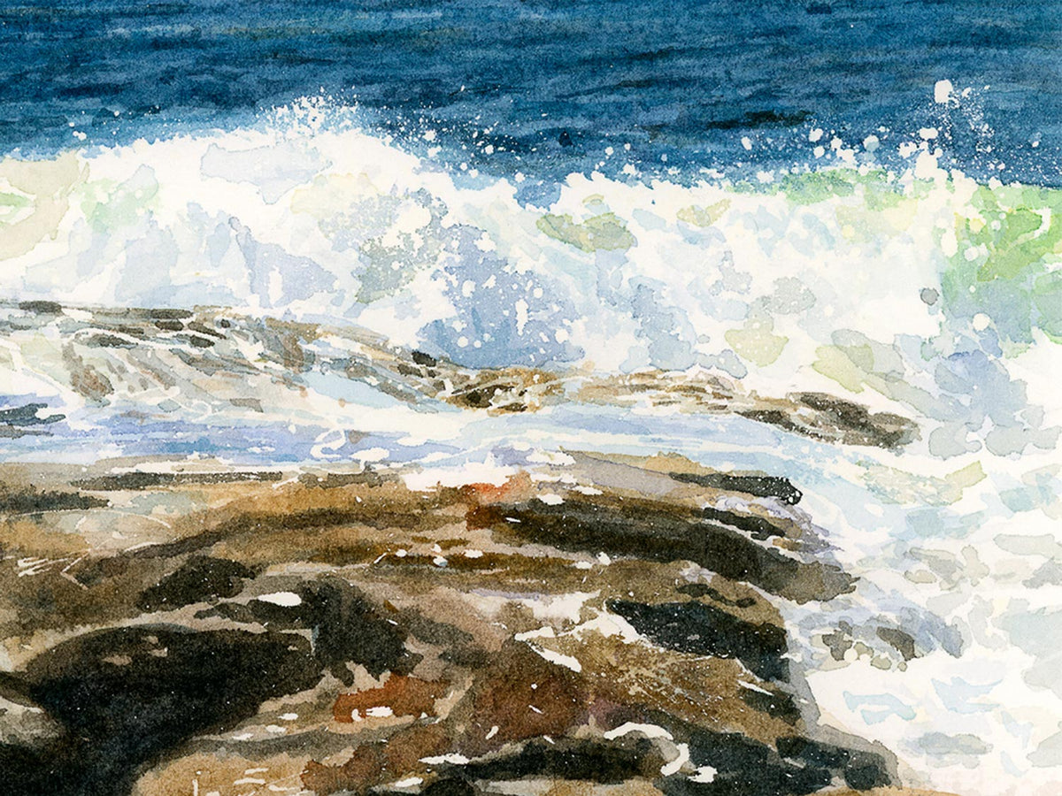 Close-up detail of original watercolor painting brushwork for Ocean Point, showing crashing surf and shore.