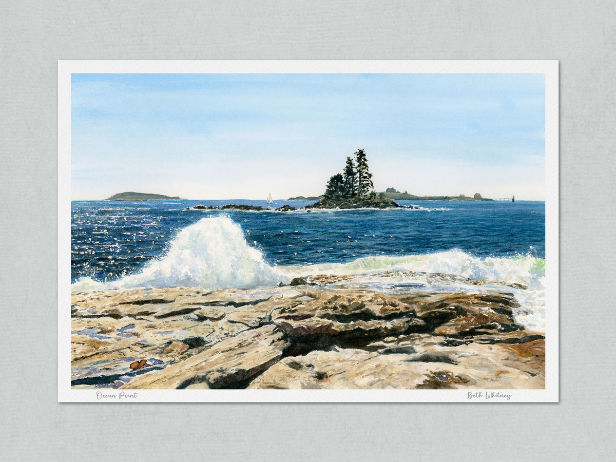 Unmatted archival watercolor print of Ocean Point, East Boothbay, Maine, with artist's signature and title on gray background.