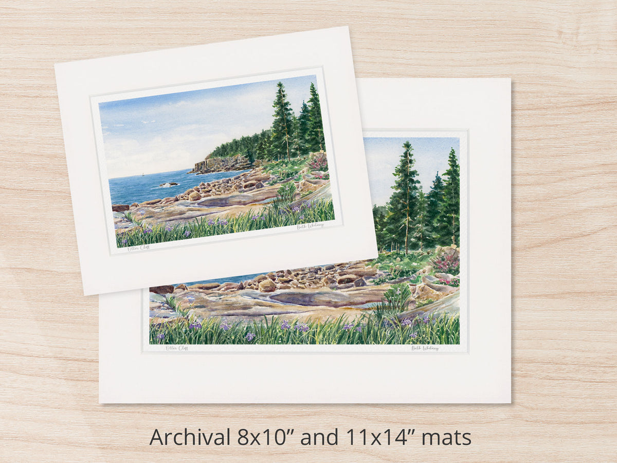 Archival watercolor prints of Otter Cliff, Acadia National Park, Maine, shown in 8x10 and 11x14 mat sizes.