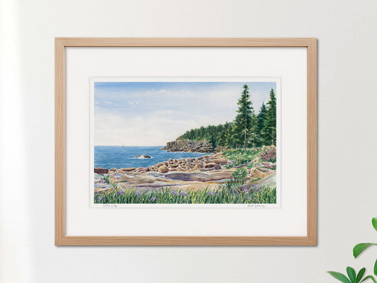 Framed watercolor print of Otter Cliff, Acadia National Park, in a warm wood frame on a neutral wall.
