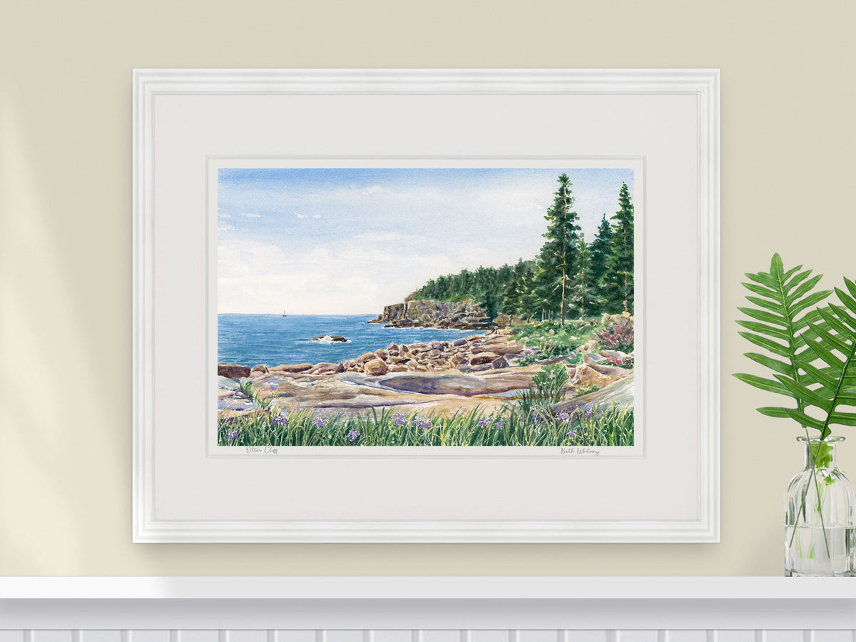 Framed watercolor print of Otter Cliff, Acadia National Park, Maine, in a white frame with plant styling.