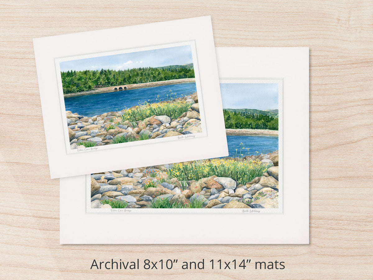 Archival watercolor prints of Otter Cove Bridge, Acadia National Park, shown in 8x10 and 11x14 mat sizes.