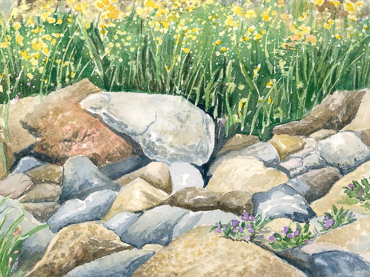 Close-up detail of original watercolor painting of Otter Cove Bridge, showing the layers of cobblestones and wildflowers brushwork.
