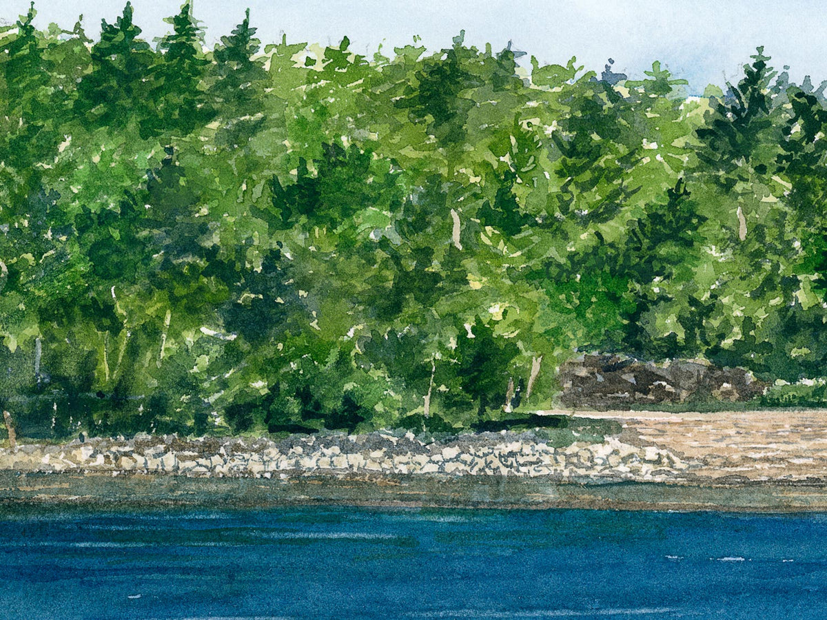 Close-up detail of original watercolor painting of Otter Cove Bridge, showing the layers of trees and ocean brushwork.
