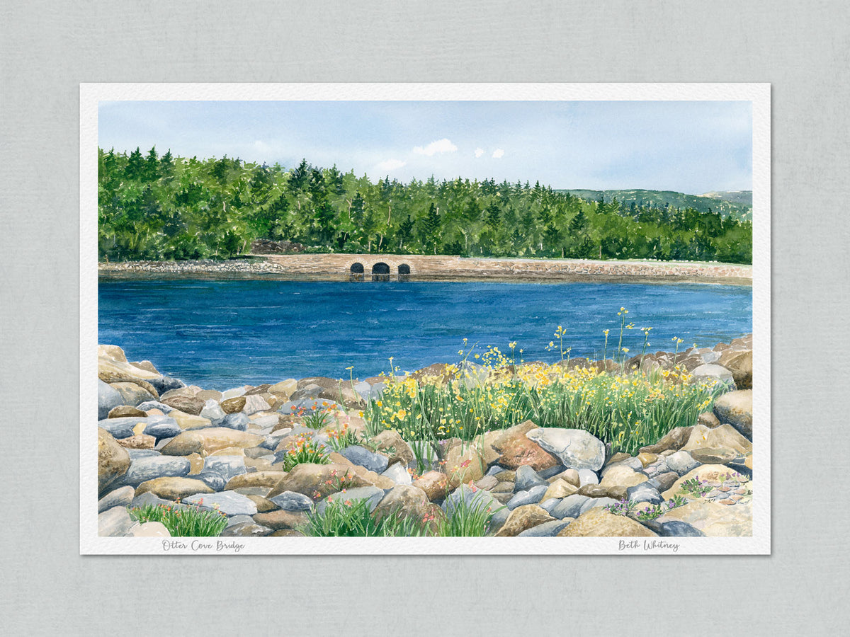 Unmatted archival watercolor print of Otter Cove Bridge, Acadia National Park, Maine, with handwritten title and artist's signature, on gray background.