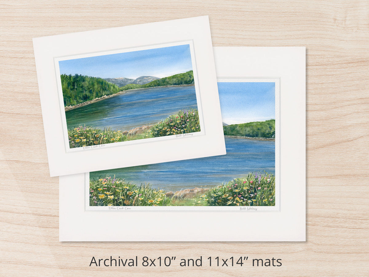 Archival watercolor prints of Otter Creek Cove, Acadia National Park, shown in 8x10 and 11x14 mat sizes.