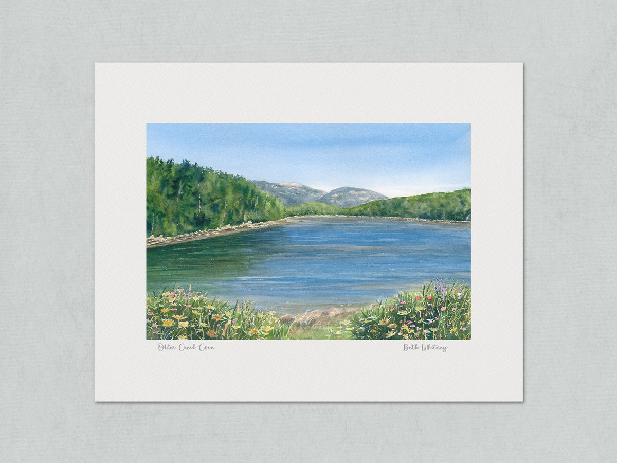 Unmatted archival watercolor print of Otter Creek Cove, Acadia National Park, Maine, showing the handwritten title and artist's signature, on gray background.