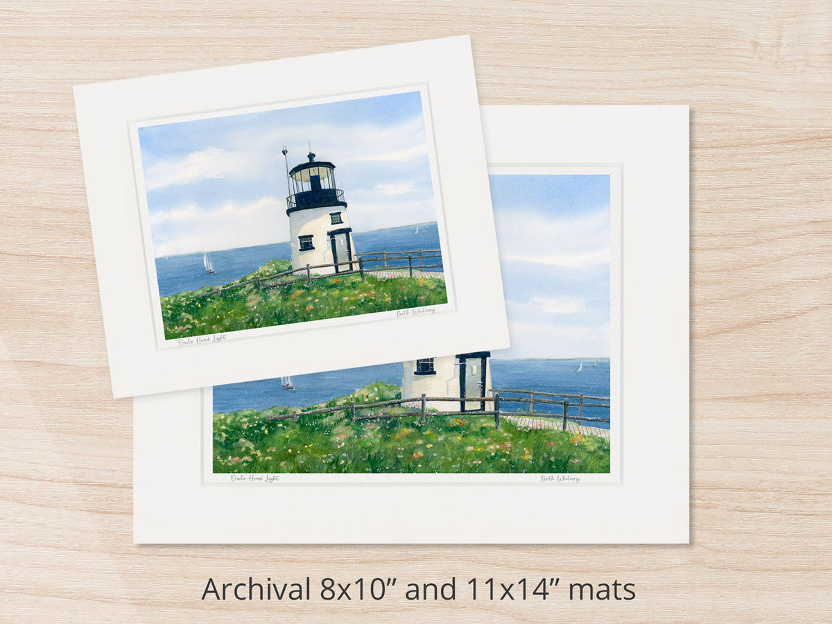 Archival watercolor prints of Owls Head Light, Rockland Harbor, Maine, shown in 8x10 and 11x14 mat sizes.