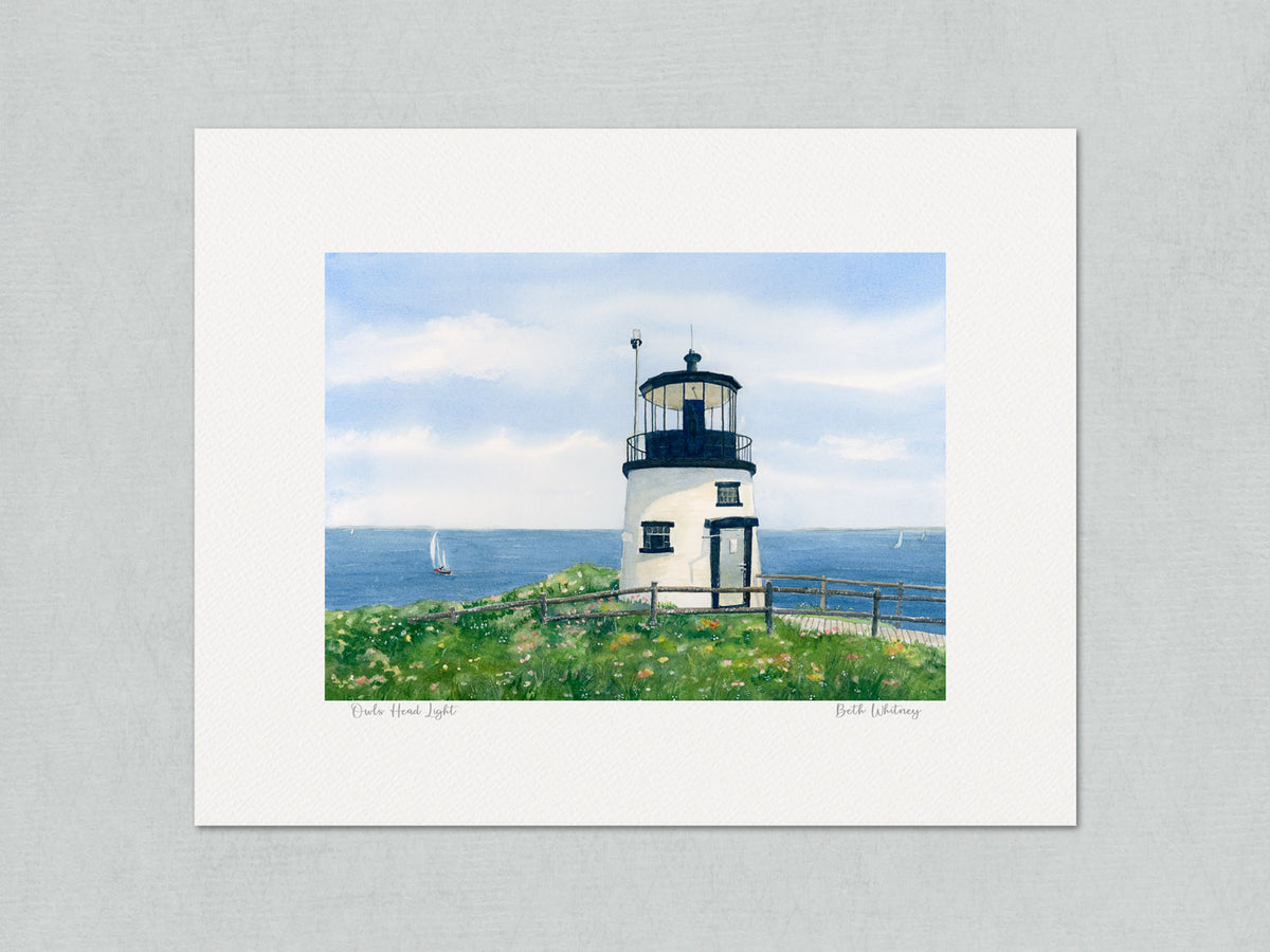 Unmatted archival watercolor print of Owls Head Light, Rockland Harbor, Penobscot Bay, Maine with artist's signature, on gray background.