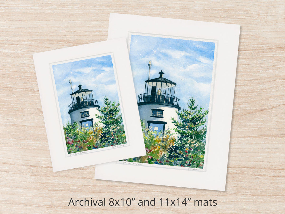 Archival watercolor prints of Owls Head Lighthouse, Rockland Harbor, Maine, shown in 8x10 and 11x14 mat sizes.
