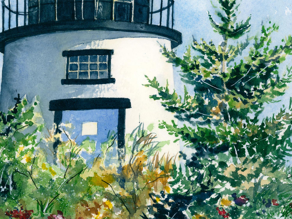 Close-up detail of original watercolor painting of Owls Head Lighthouse, showing brushwork in the lighthouse and foliage in front.