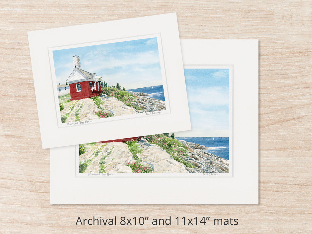 Signed, archival watercolor prints of Pemaquid Fog House, Pemaquid Point, Bristol, Maine, shown in 8x10 and 11x14 mat sizes.