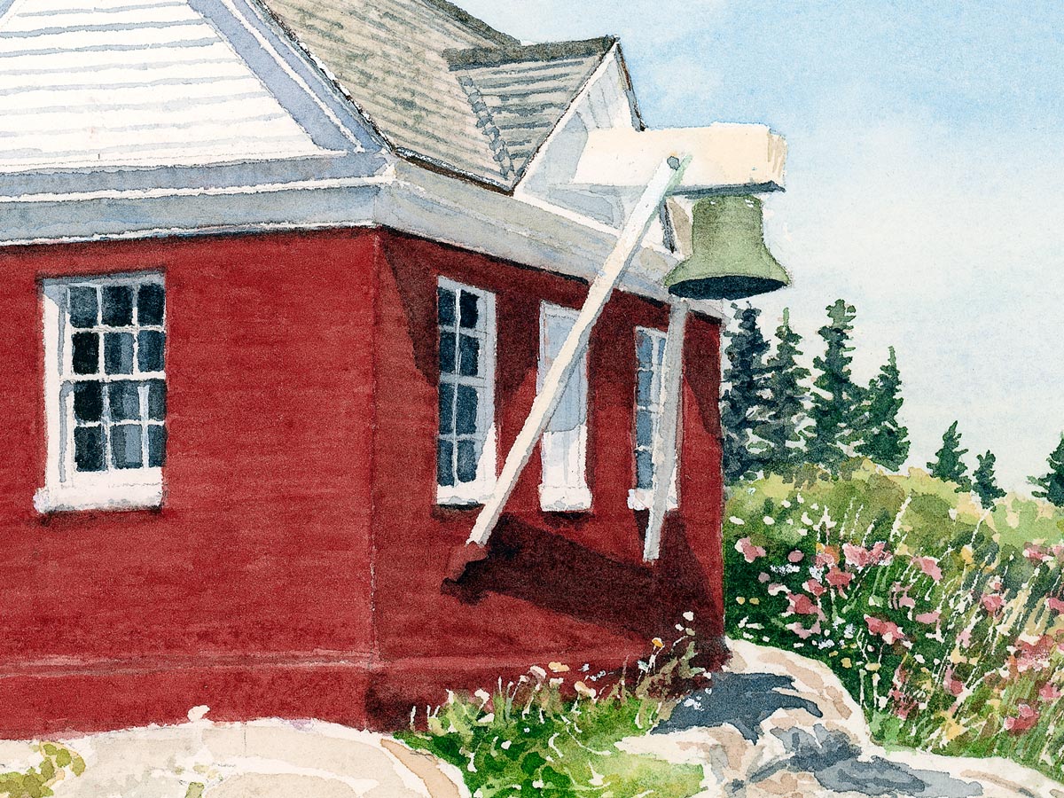 Close-up detail of original watercolor painting of Pemaquid Fog House, showing the red brick fog house and hanging bell at Pemaquid Point.