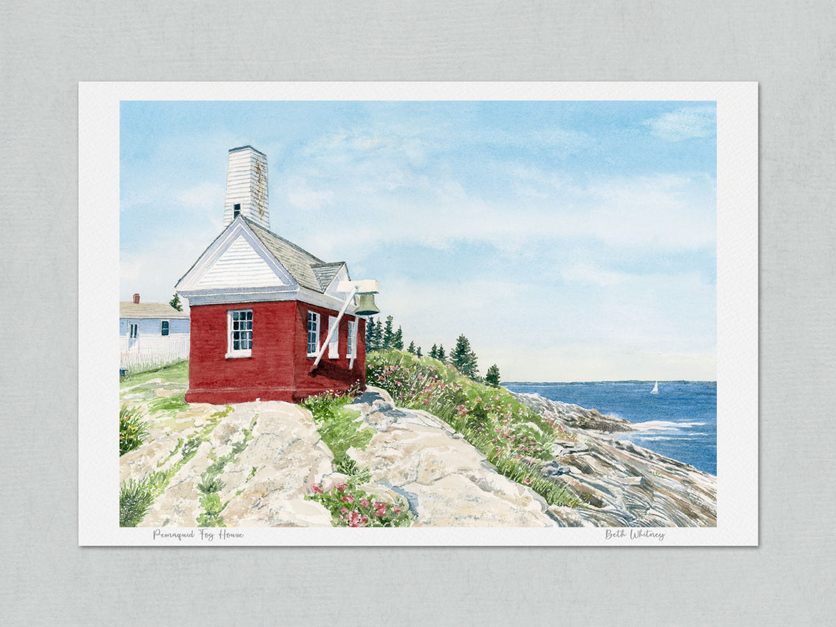 Unmatted archival watercolor print of Pemaquid Fog House, Pemaquid Point, Bristol, Maine, on gray background.