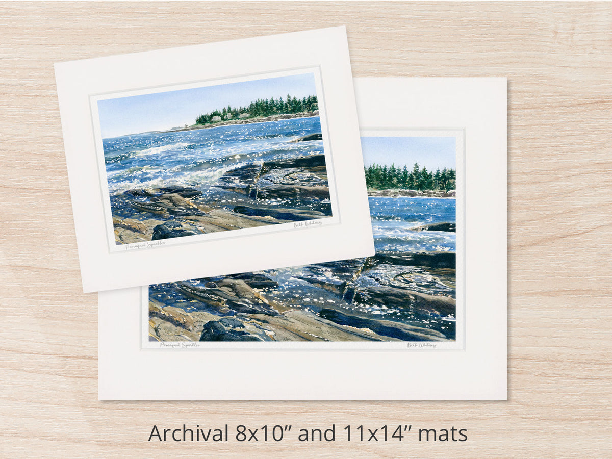 Archival watercolor prints of Pemaquid Sparkles, Pemaquid Point, Bristol, Maine, shown in 8x10 and 11x14 mat sizes.