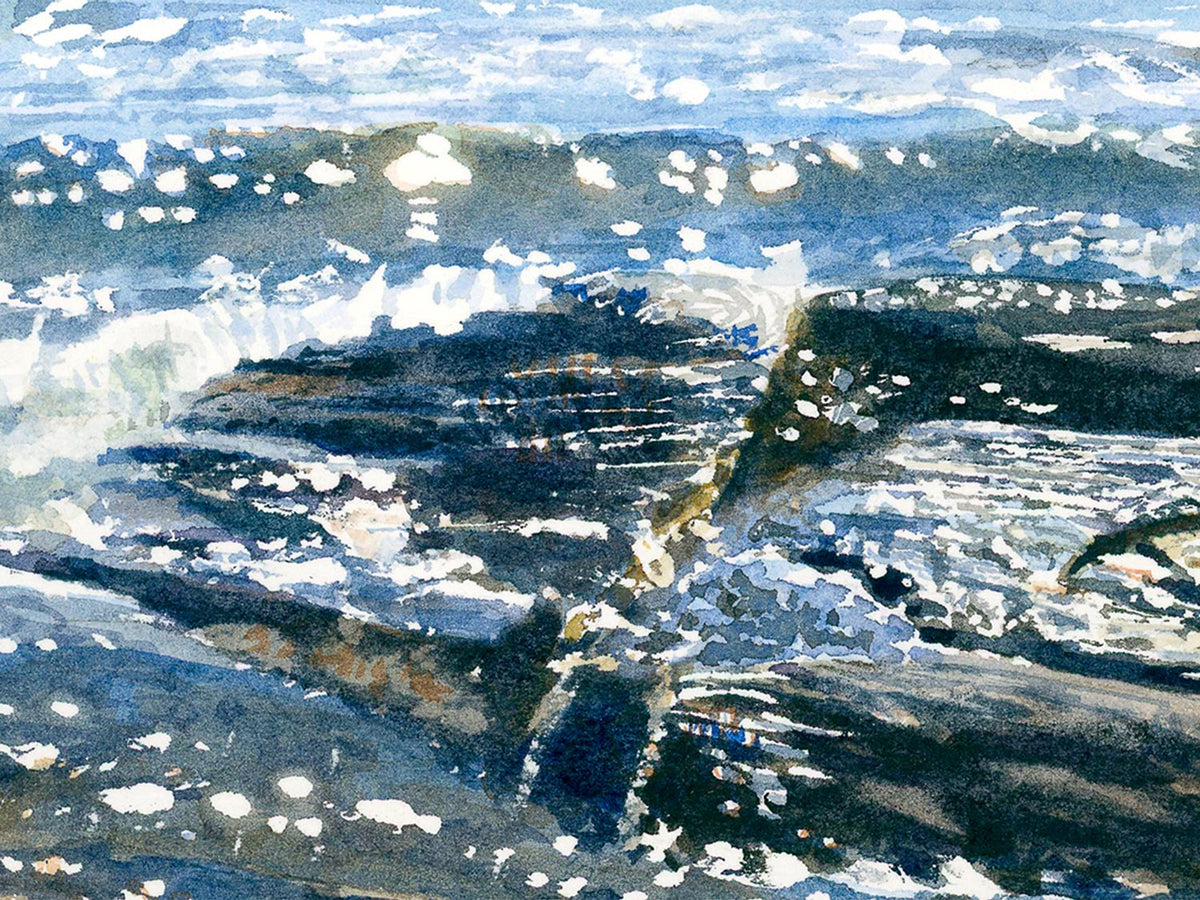 Close-up detail of original watercolor painting of Pemaquid Sparkles, showing afternoon sparkle and surf on the water.
