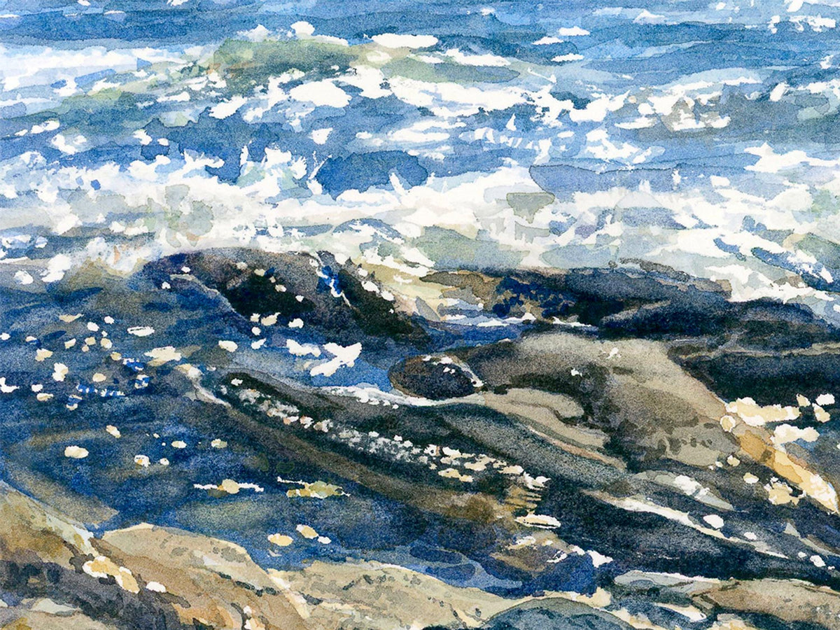 Close-up detail of original watercolor painting of Pemaquid Sparkles, showing surf swirling around the dark rocks at Pemaquid Point.