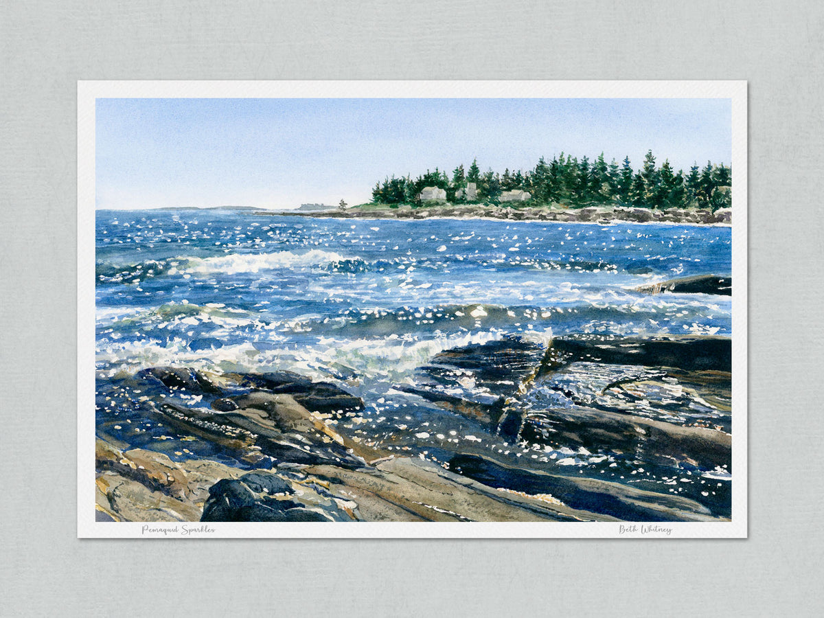 Unmatted archival watercolor print of Pemaquid Sparkles, Pemaquid Point, Bristol, Maine, on gray background. Includes artist's signature and painting title.