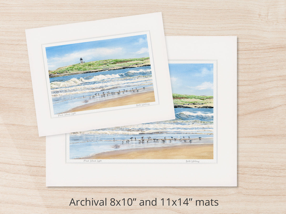 Archival watercolor prints of Pond Island Light, Popham Beach, Phippsburg, Maine, shown in 8x10 and 11x14 mat sizes.