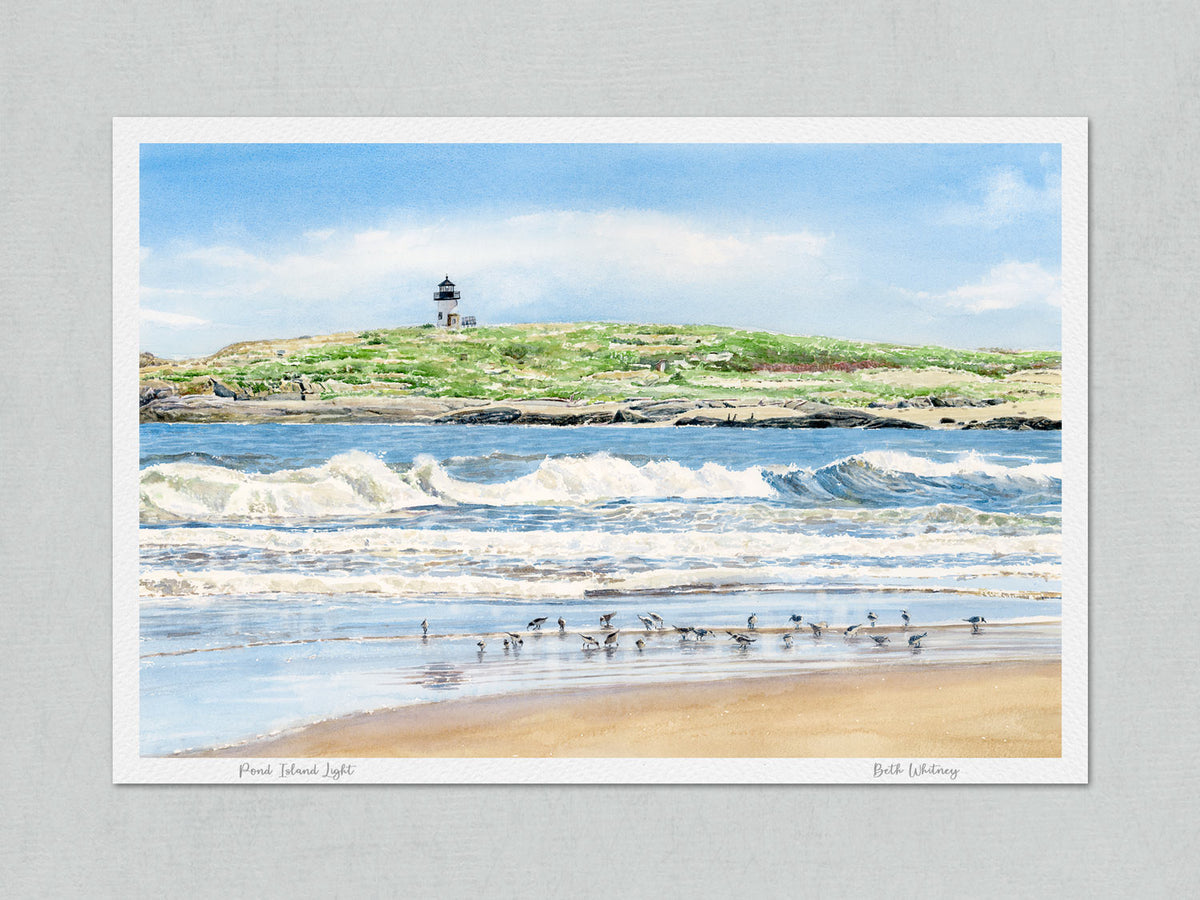 Unmatted archival watercolor print of Pond Island Light, Popham Beach, Phippsburg, Maine, signed with painting title and artist's name, on gray background.