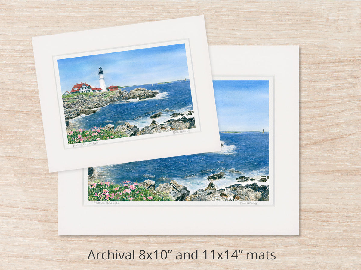Archival watercolor prints of Portland Head Light, Cape Elizabeth, Maine, shown in 8x10 and 11x14 mat sizes.