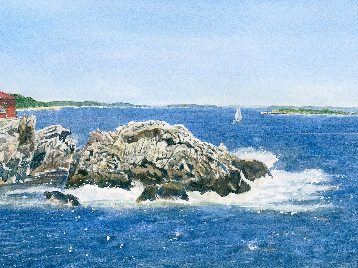Close-up detail of original watercolor painting of Portland Head Light, showing the lighthouse, beach roses, and rocky shore.