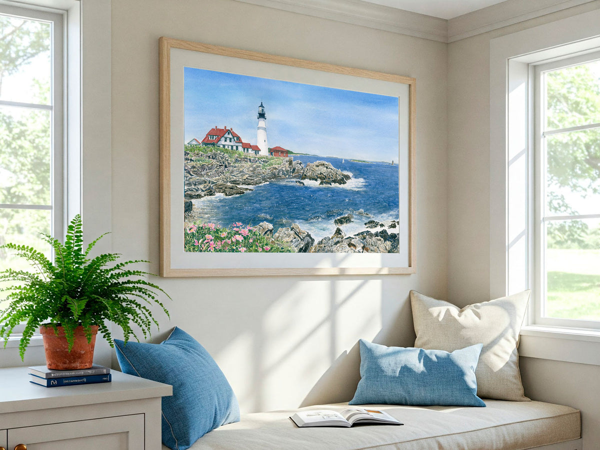 Framed watercolor print of Portland Head Light, Cape Elizabeth, Maine, in a white frame in a bright window seat setting.