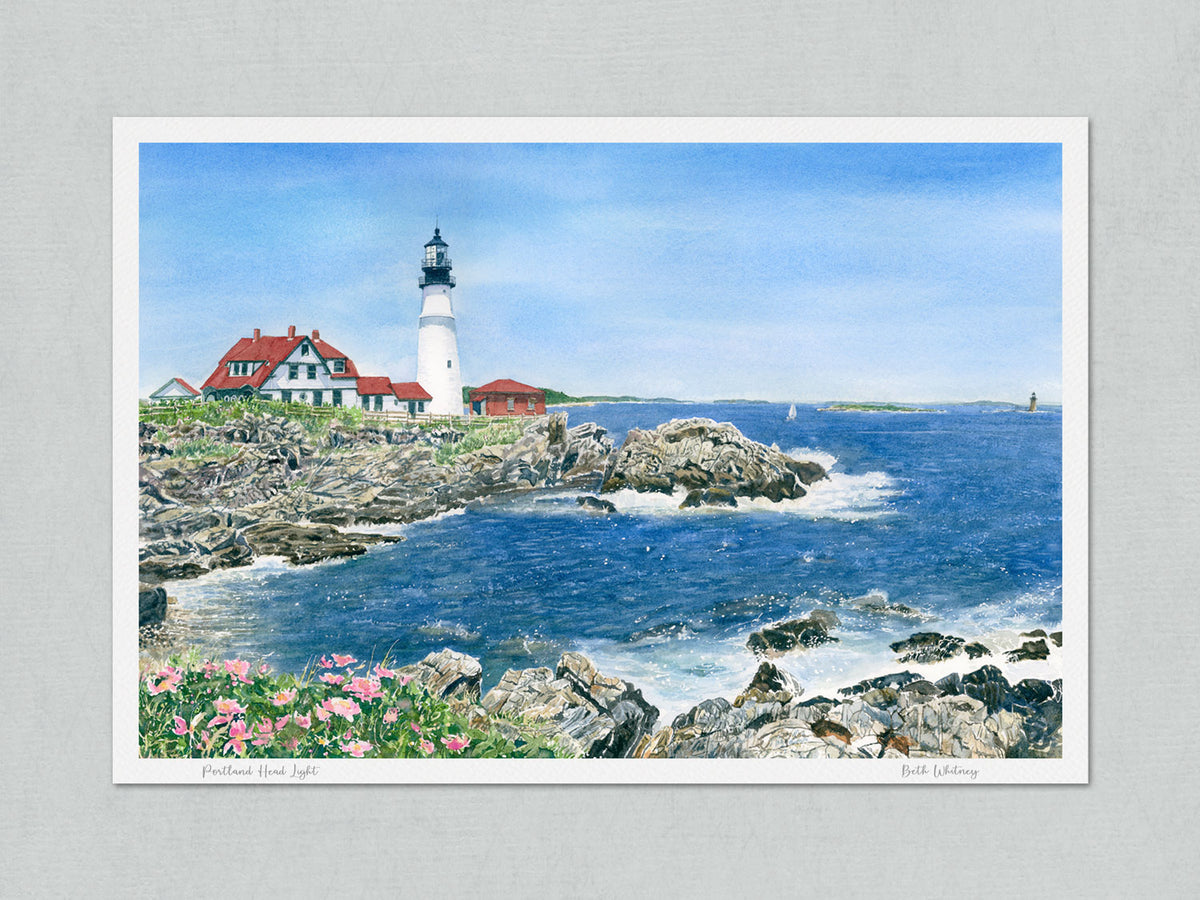 Unmatted archival watercolor print of Portland Head Light, Cape Elizabeth, Maine, with painting title and artist's signature, on gray background.