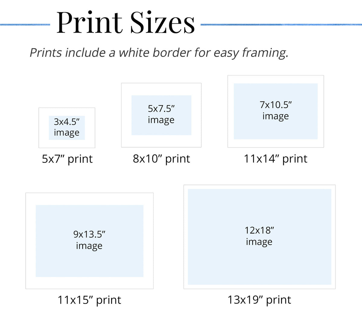 Chart displaying various print sizes with white borders for easy framing.