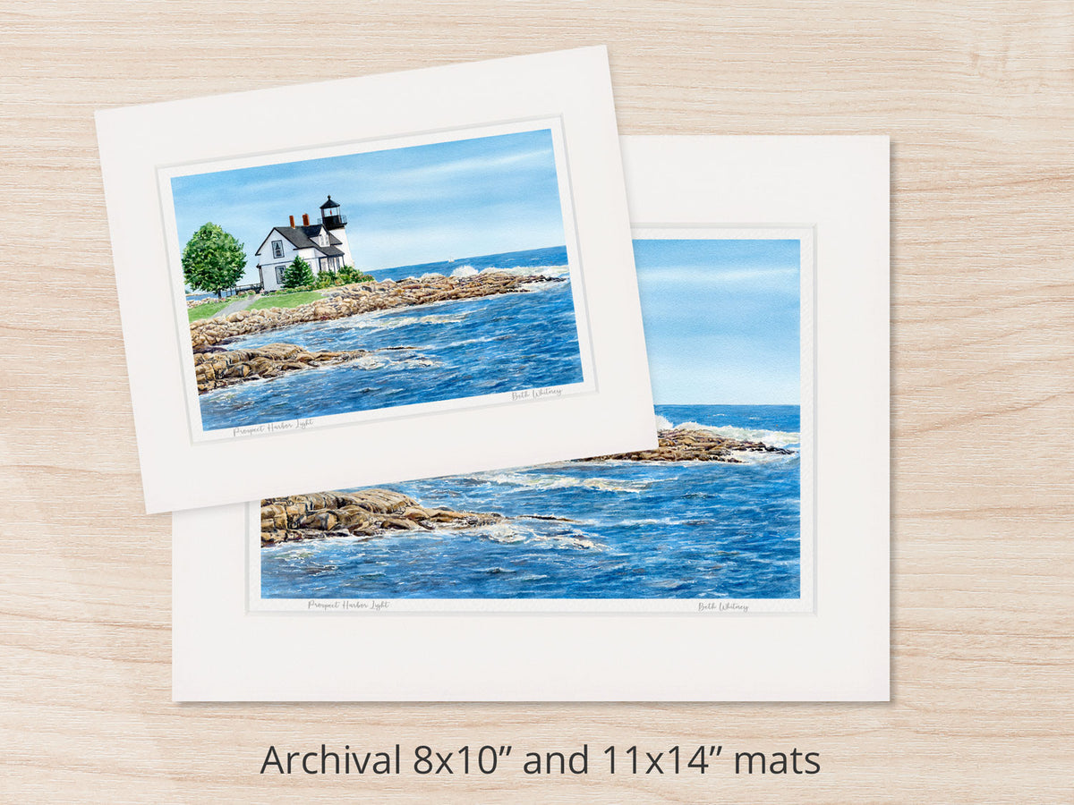 Archival watercolor prints of Prospect Harbor Light, Gouldsboro, Maine, shown in 8x10 and 11x14 mat sizes.