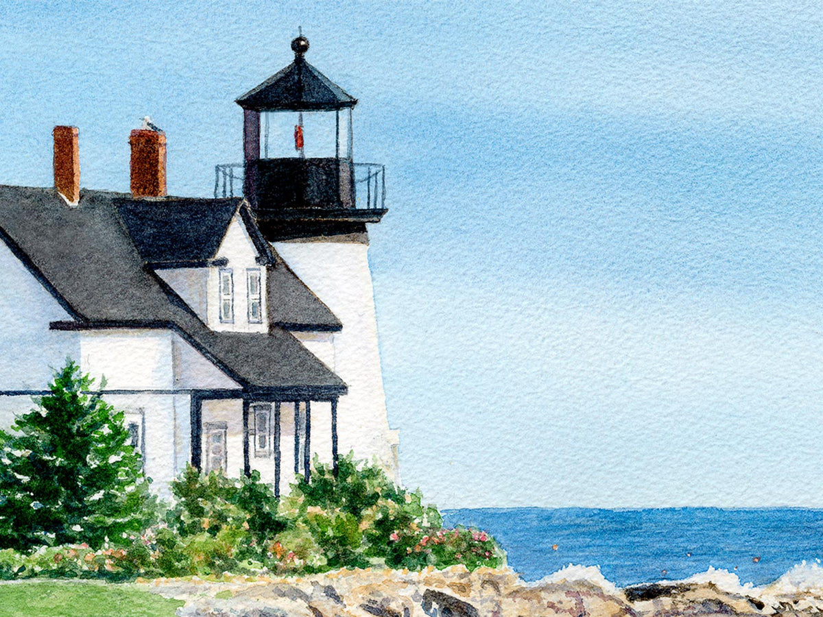 Close-up detail of original watercolor painting of Prospect Harbor Light, showing the lighthouse tower and Gull Cottage keeper's house.