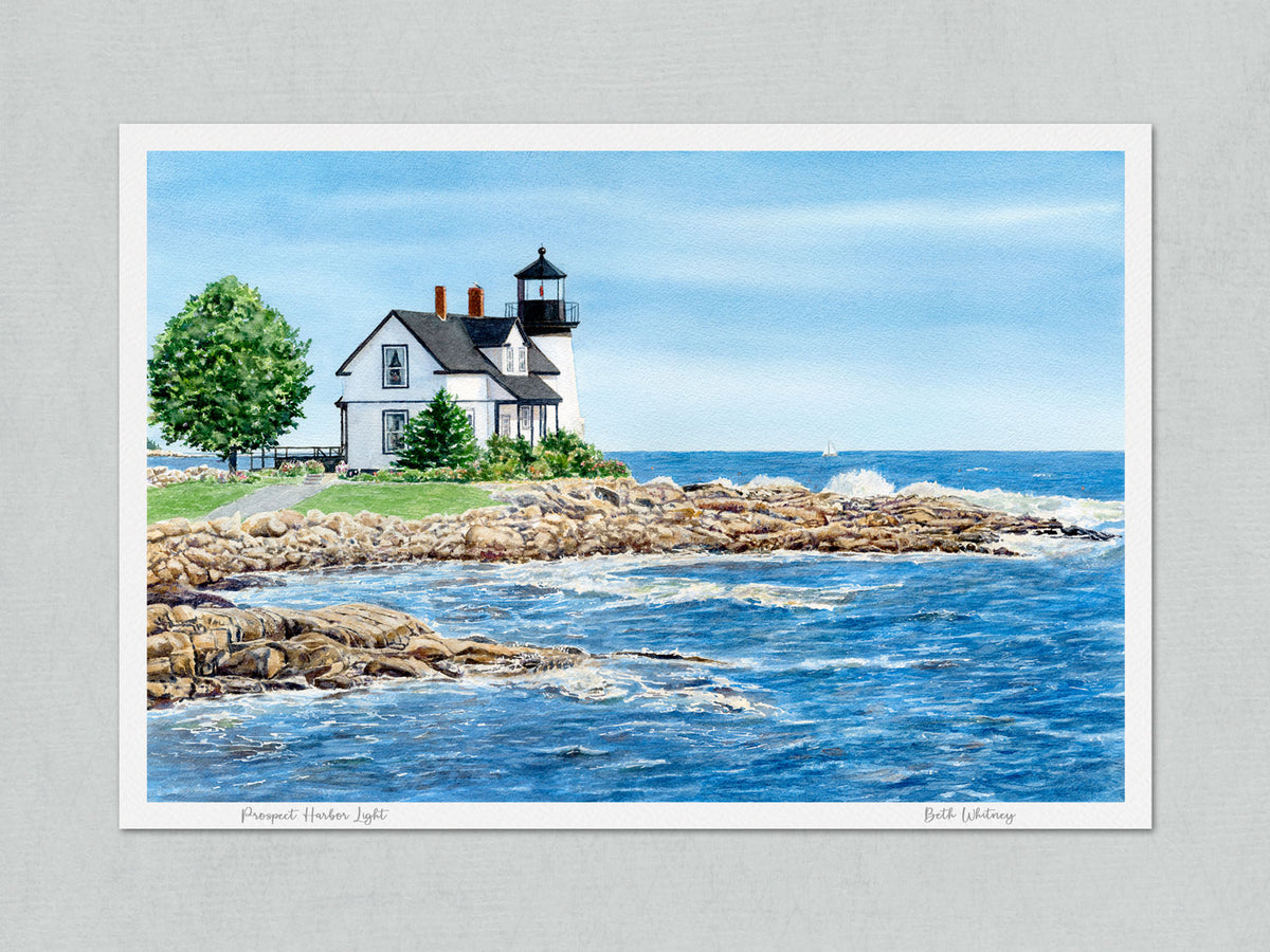 Unmatted archival watercolor print of Prospect Harbor Light, Gouldsboro, Maine, with painting title and artist's signature handwritten below, shown on gray background.