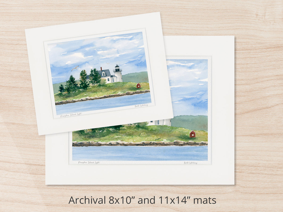 Archival watercolor prints of Pumpkin Island Light, Little Deer Isle, Maine, shown in 8x10 and 11x14 mat sizes.