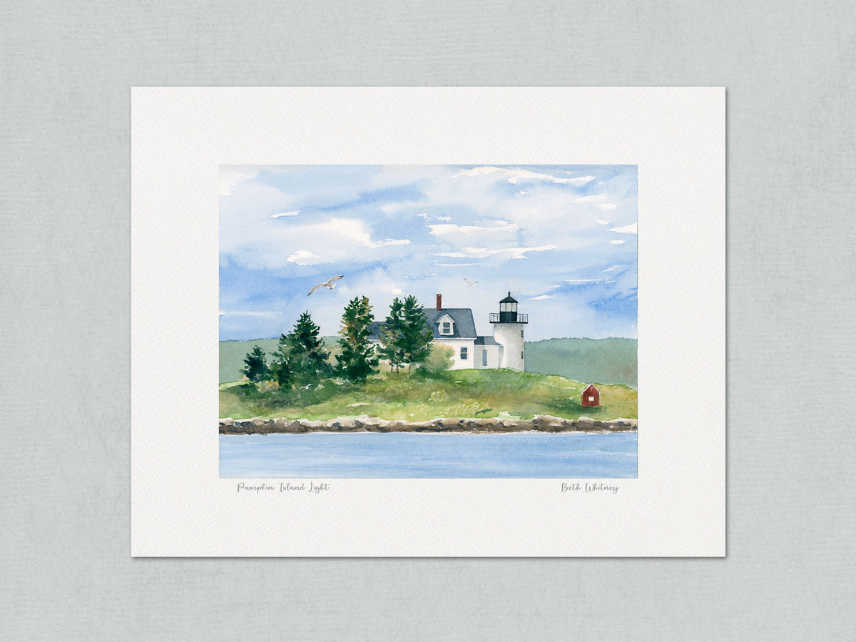 Unmatted archival watercolor print of Pumpkin Island Light, Little Deer Isle, Maine, with the artist's signature and painting title, shown on gray background.