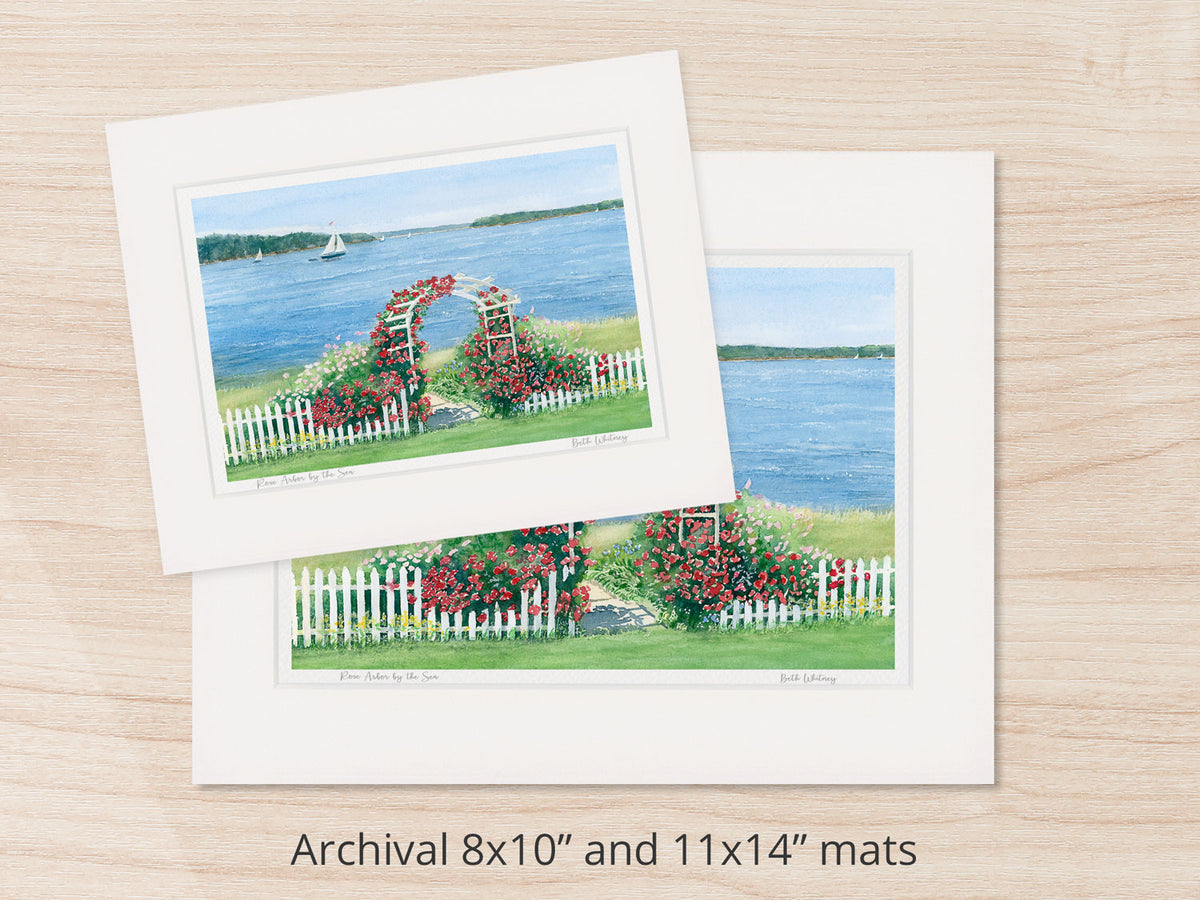 Archival watercolor prints of Rose Arbor by the Sea, Penobscot Bay, Maine, shown in 8x10 and 11x14 mat sizes.