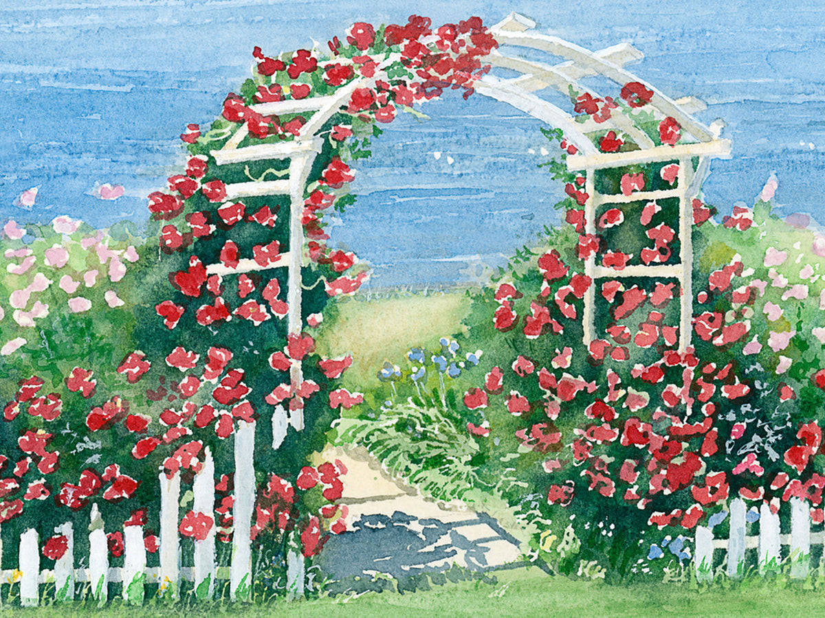 Close-up detail of original watercolor painting of Rose Arbor by the Sea, showing red roses and white arbor in full summer bloom.