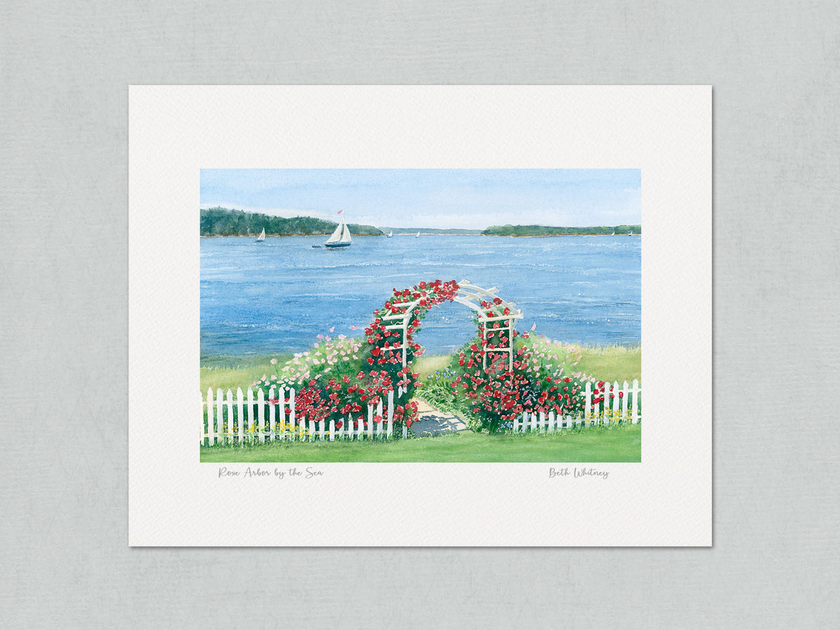 Unmatted archival watercolor print of Rose Arbor by the Sea, Penobscot Bay, Brooksville, Maine, with artist's signature and painting title, shown on gray background.